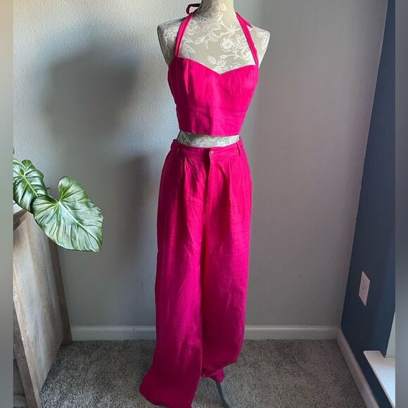Reformation 2 Pc Set -Vesta Pant and Orzo Linen Smocked Halter Top in Corvette - Picture 1 of 11